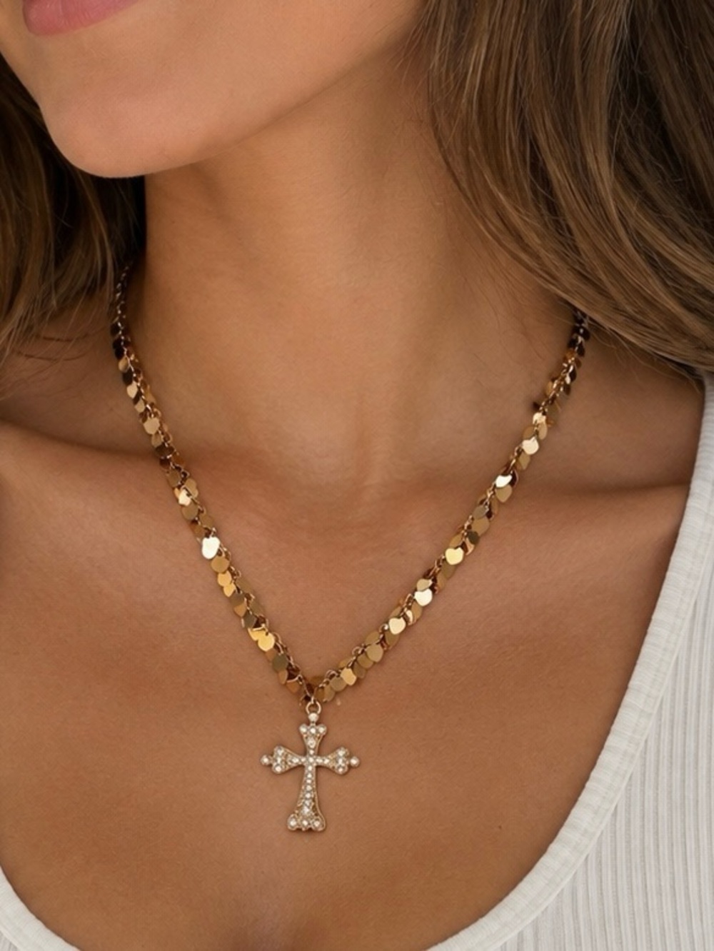 Gold Heart-Link Necklace with Crystal Cross Pendant
